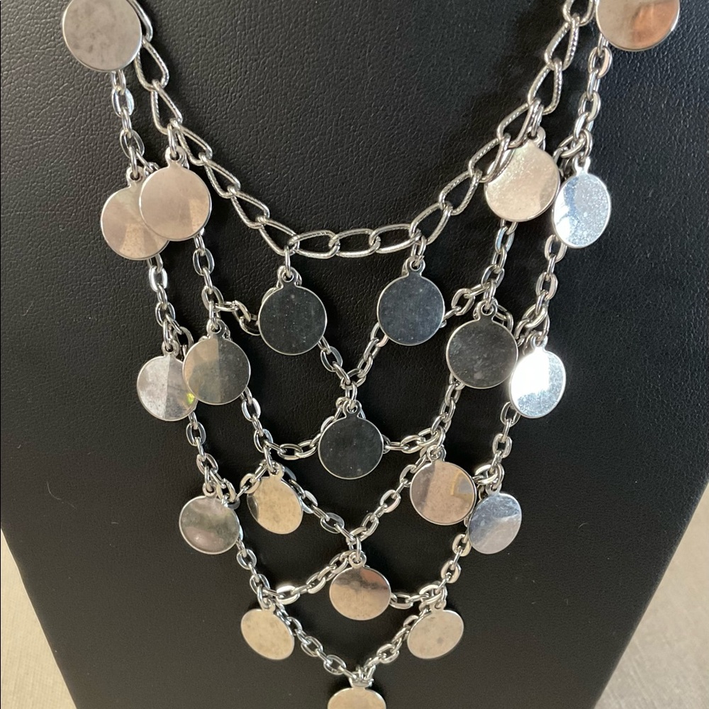 Vintage Silver Tone Boho Disc Bib Necklace